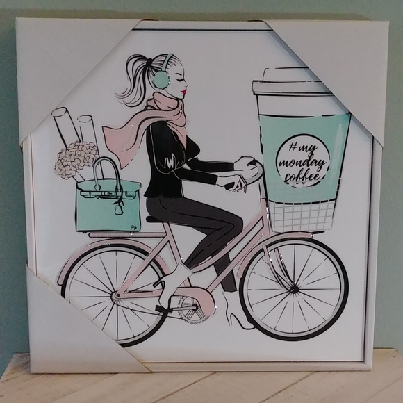 NEW Bicycle and Coffee Themed Glossy Glitter Framed Photo Décor - Picture 1 of 8